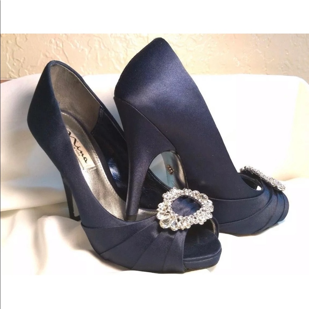 Nina blue satin peep toe d’orsay pump rhinestone